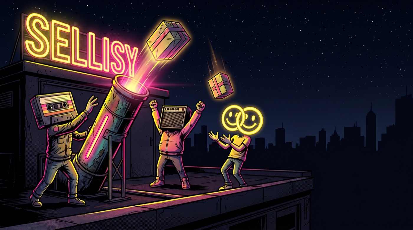 The Sellisy crew firing a creator's product boxes into the night sky from a rooftop cannon