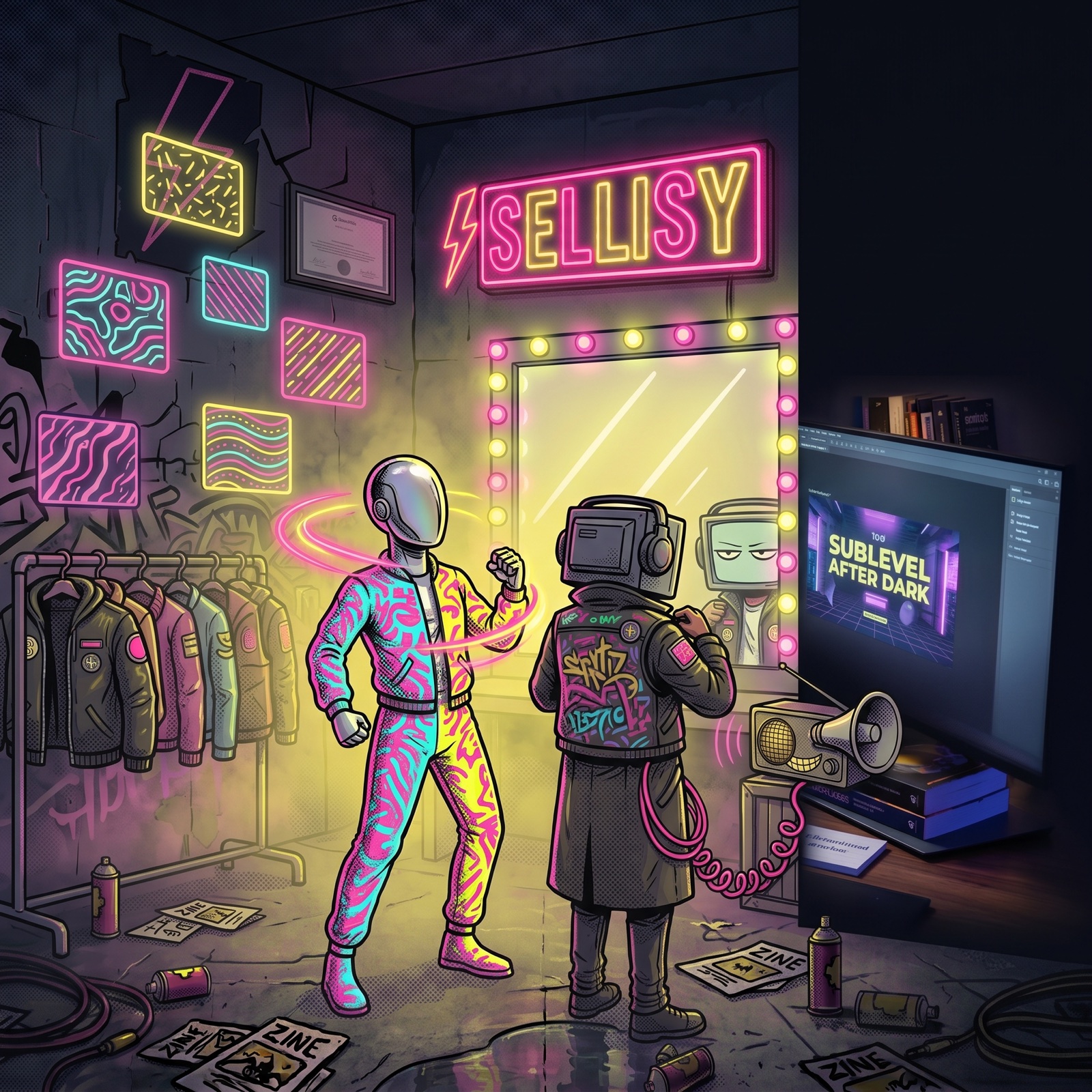 A Sellisy character branding their storefront in a neon dressing room under the SELLISY sign